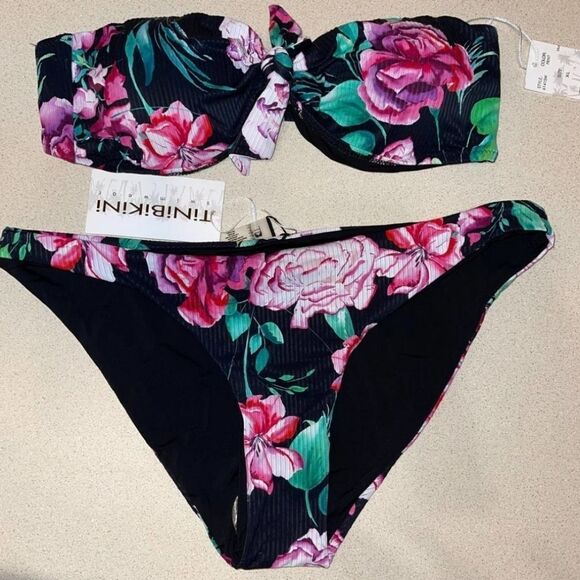 TiniBikini Floral Swimwear Size XL bandeau Strapless Top 2 piece set - Picture 1 of 11